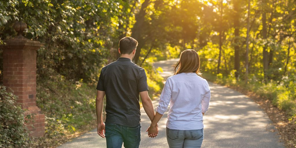 Couple walking together on a beautiful sunny path.