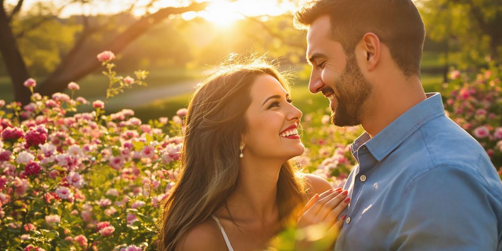 Couple laughing together in a sunny park setting.