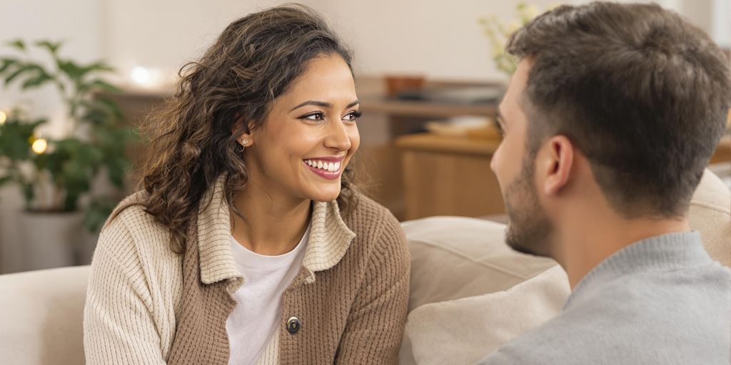 Two people talking warmly and attentively together.