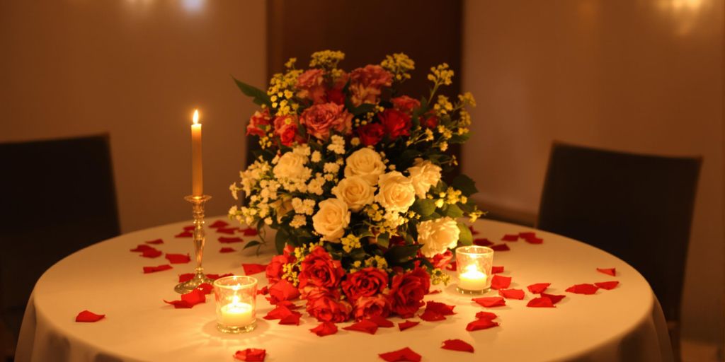 Candlelit dinner for two with flowers on the table.